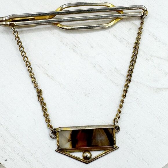 Montana Moss Agate Chain Tie Clip Tie Keeper Nu-Lok Vintage MCM Gold Tone - Picture 1 of 8